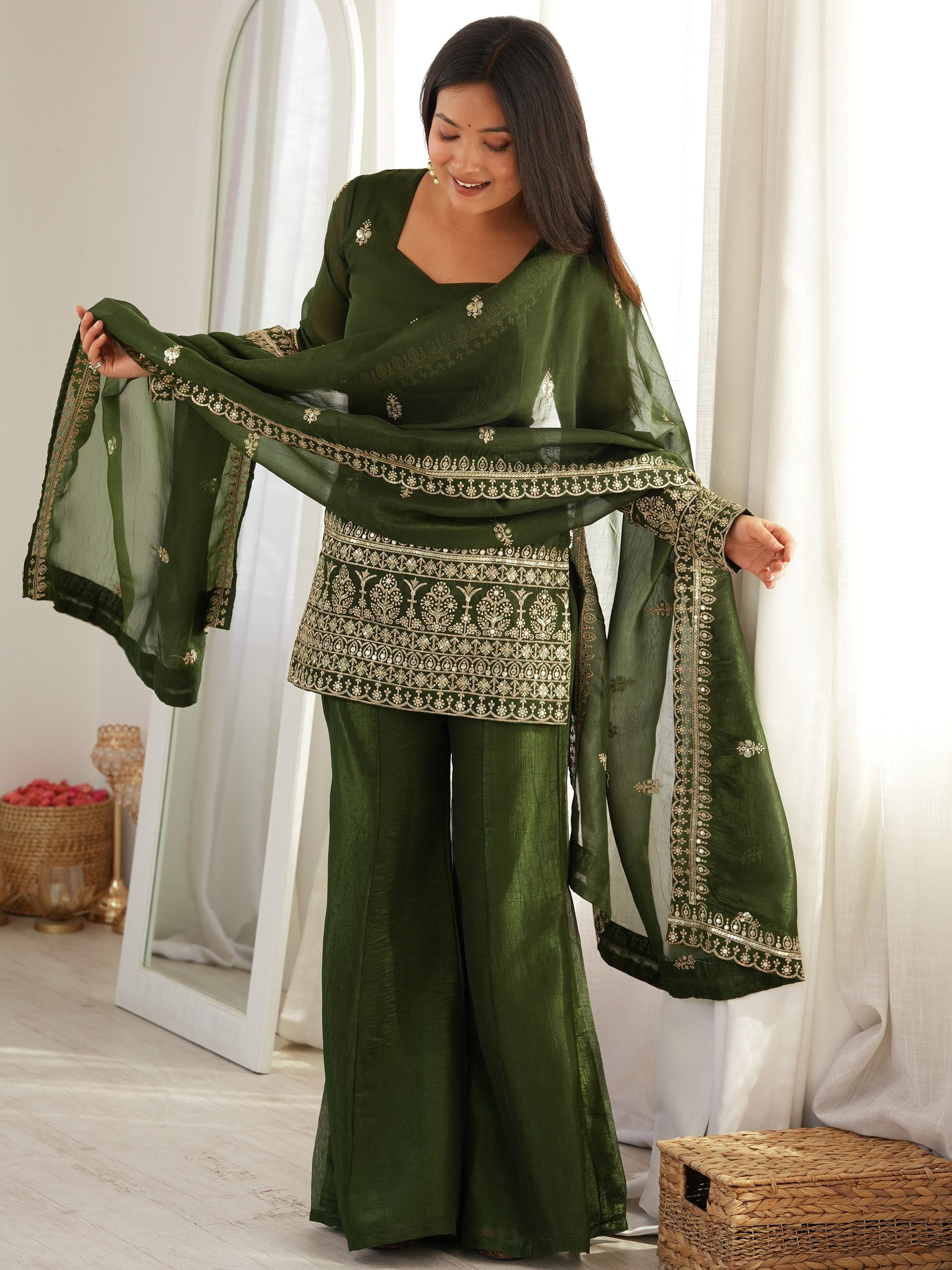 Stylish Green Embroidered Silk Festival Wear Palazzo Suit With Dupatta