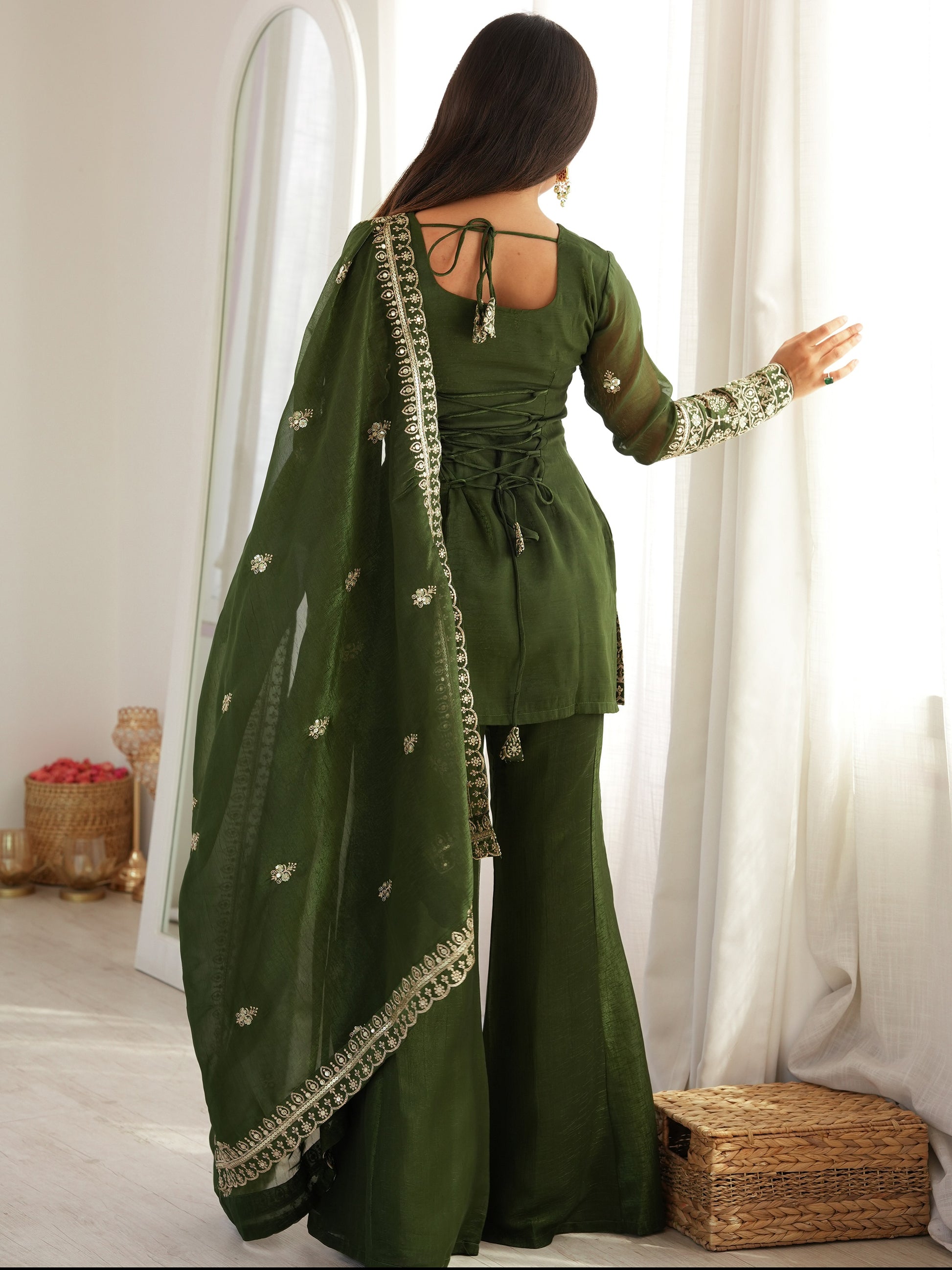 Stylish Green Embroidered Silk Festival Wear Palazzo Suit With Dupatta