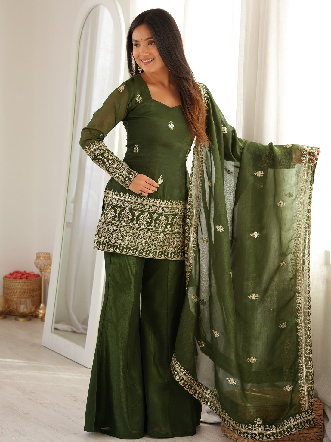 Stylish Green Embroidered Silk Festival Wear Palazzo Suit With Dupatta