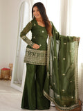 Stylish Green Embroidered Silk Festival Wear Palazzo Suit With Dupatta