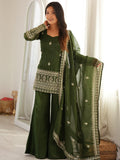 Stylish Green Embroidered Silk Festival Wear Palazzo Suit With Dupatta