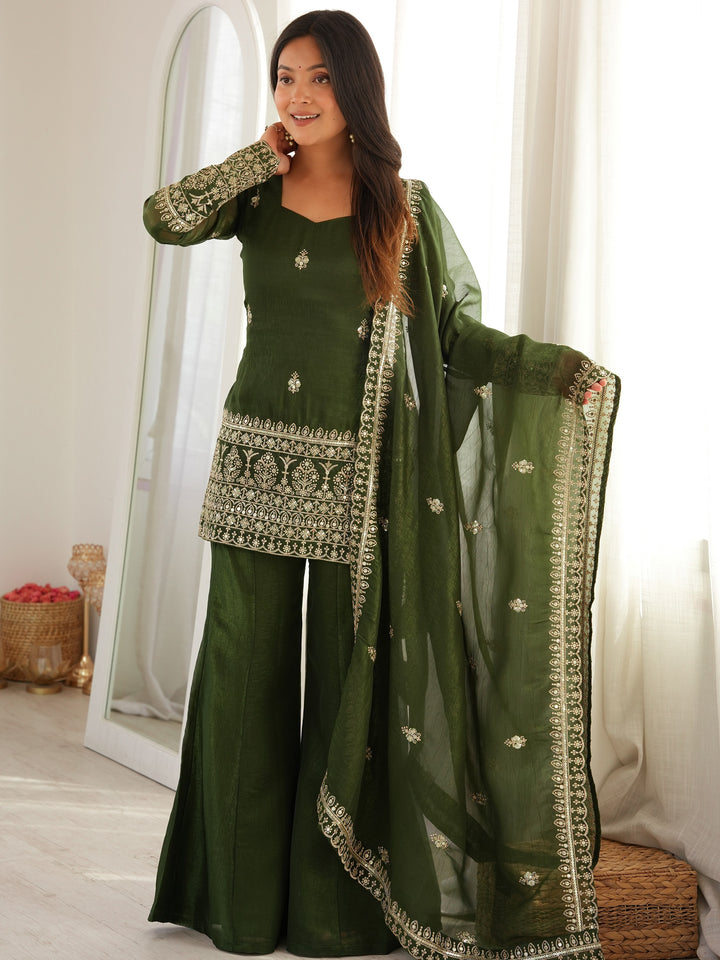 Stylish Green Embroidered Silk Festival Wear Palazzo Suit With Dupatta