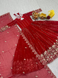Magnificent Red Embroidered Georgette Festive Wear Anarkali Gown With Dupatta