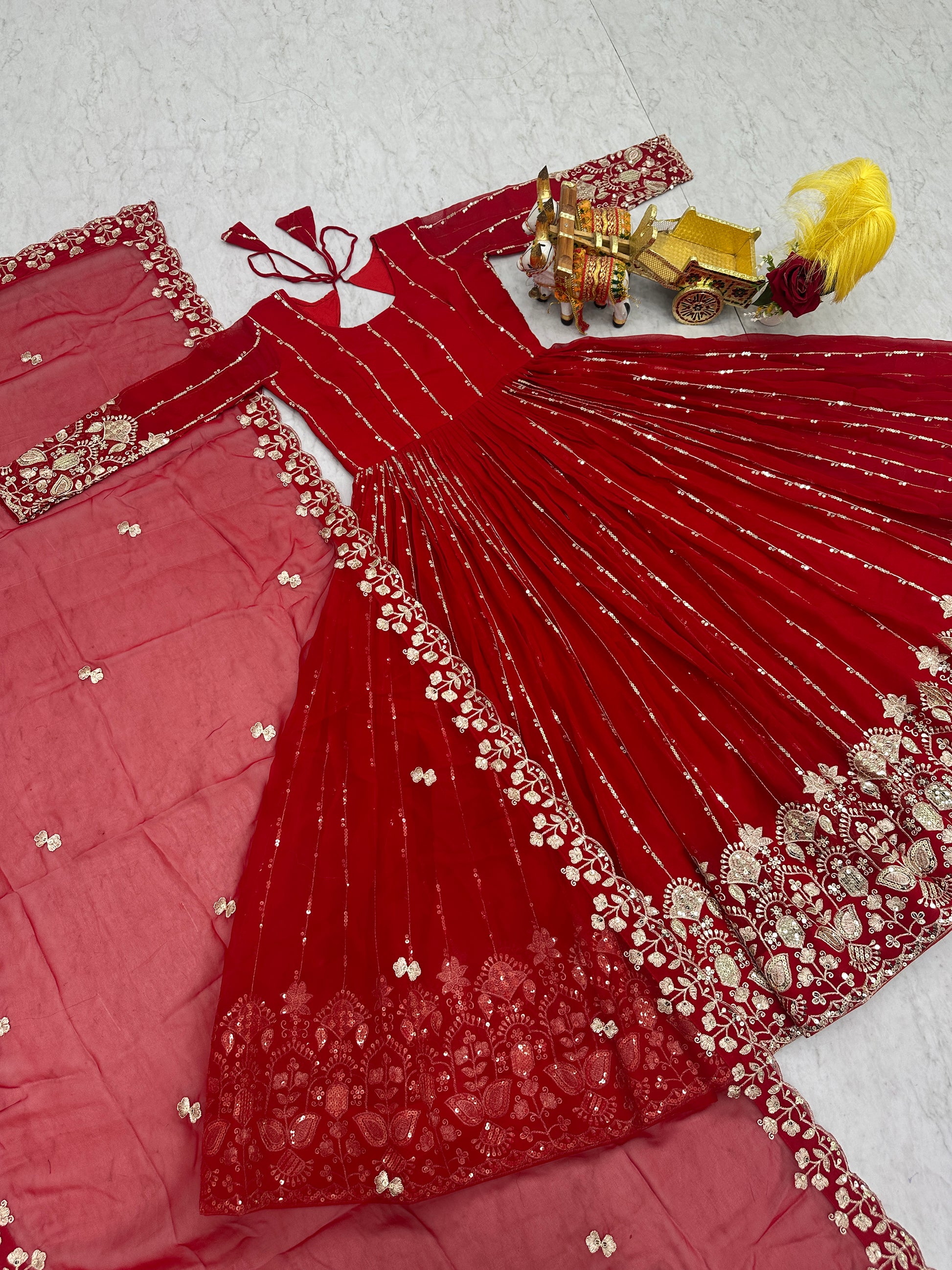 Magnificent Red Embroidered Georgette Festive Wear Anarkali Gown With Dupatta