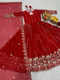 Magnificent Red Embroidered Georgette Festive Wear Anarkali Gown With Dupatta