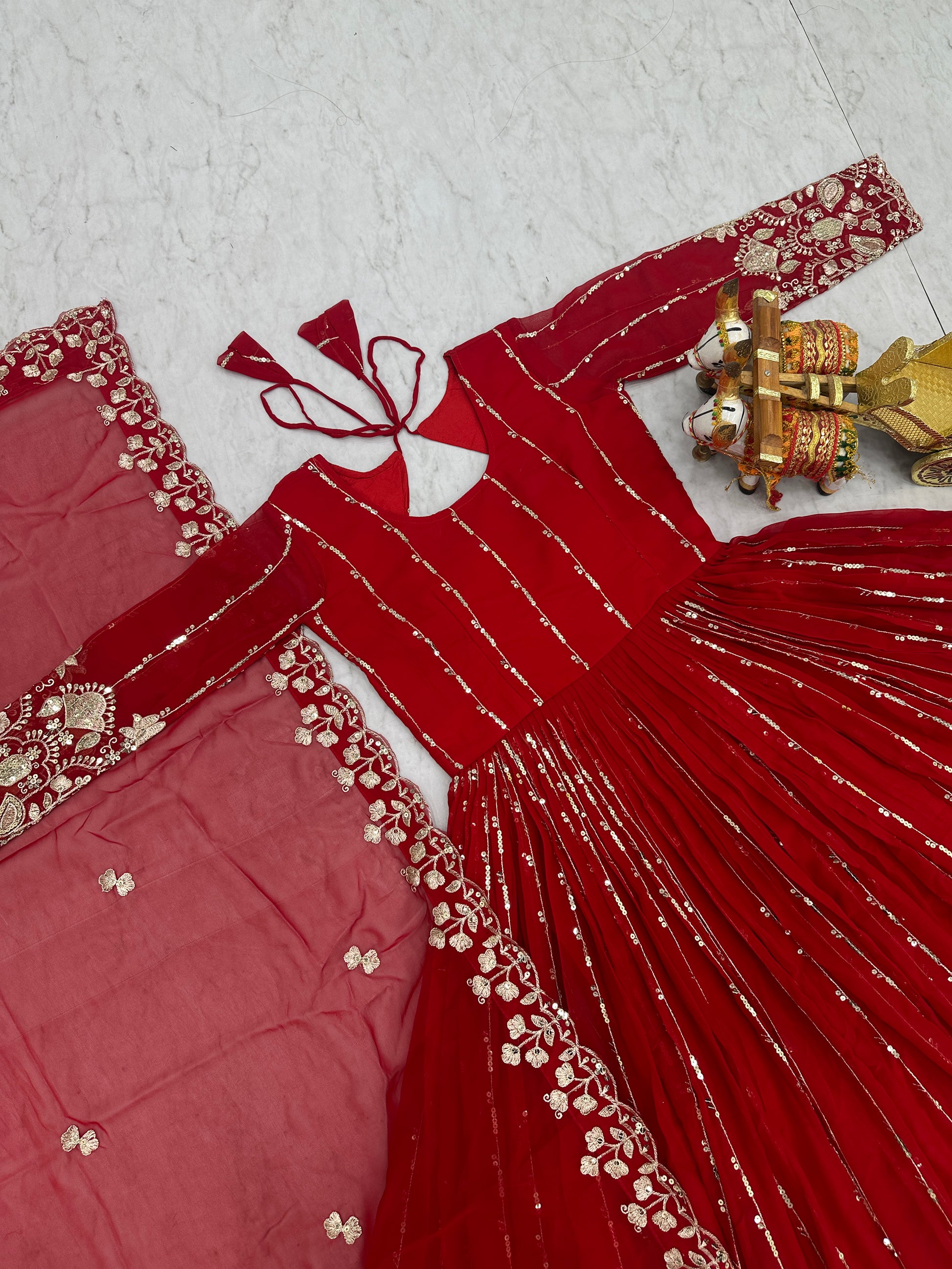 Magnificent Red Embroidered Georgette Festive Wear Anarkali Gown With Dupatta