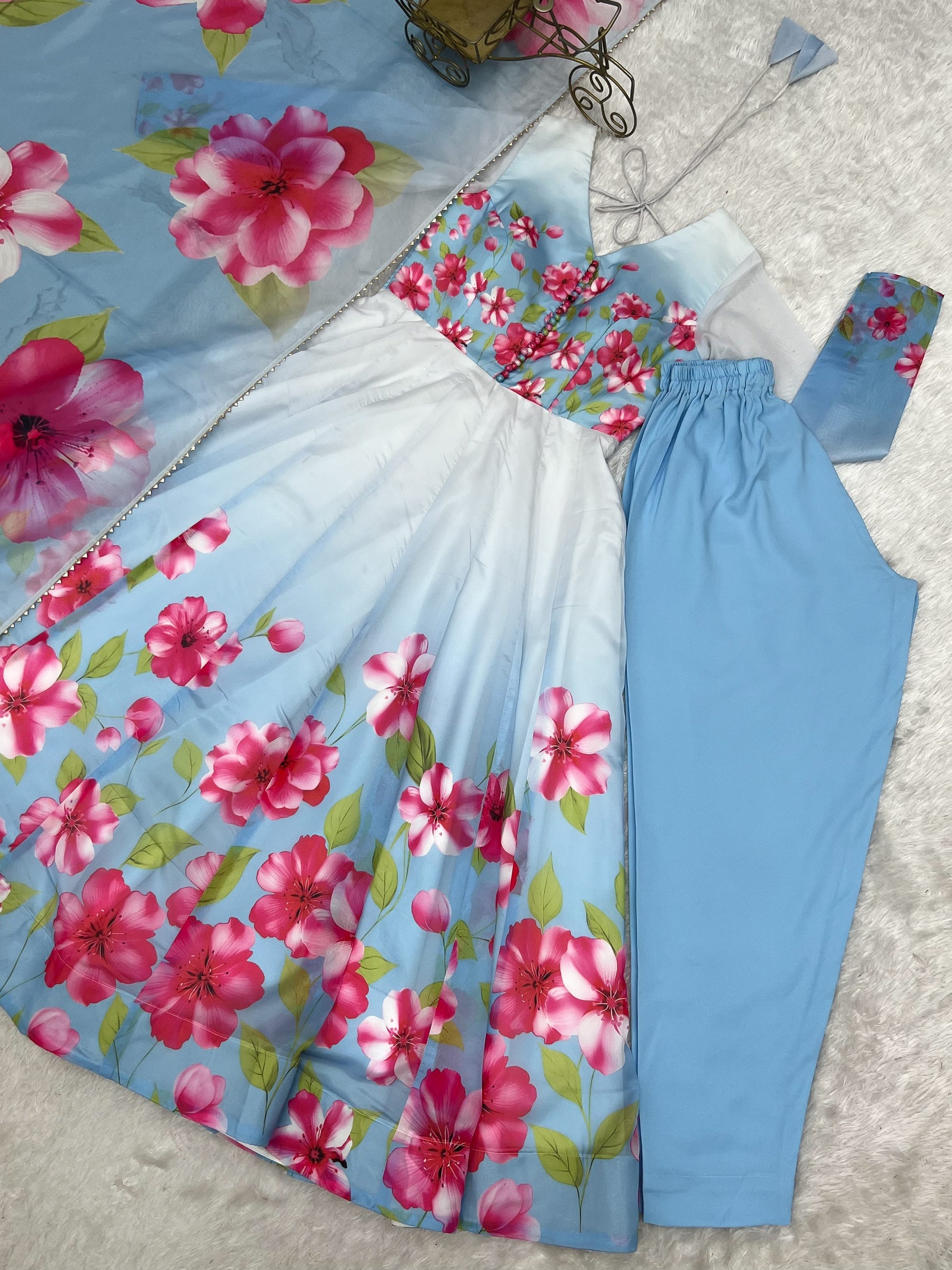 Pretty Sky Blue Printed Silk Function Wear Anarkali Suit With Dupatta