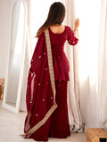 Stylish Maroon Embroidery Silk Festive Wear Palazzo Suit With Dupatta 