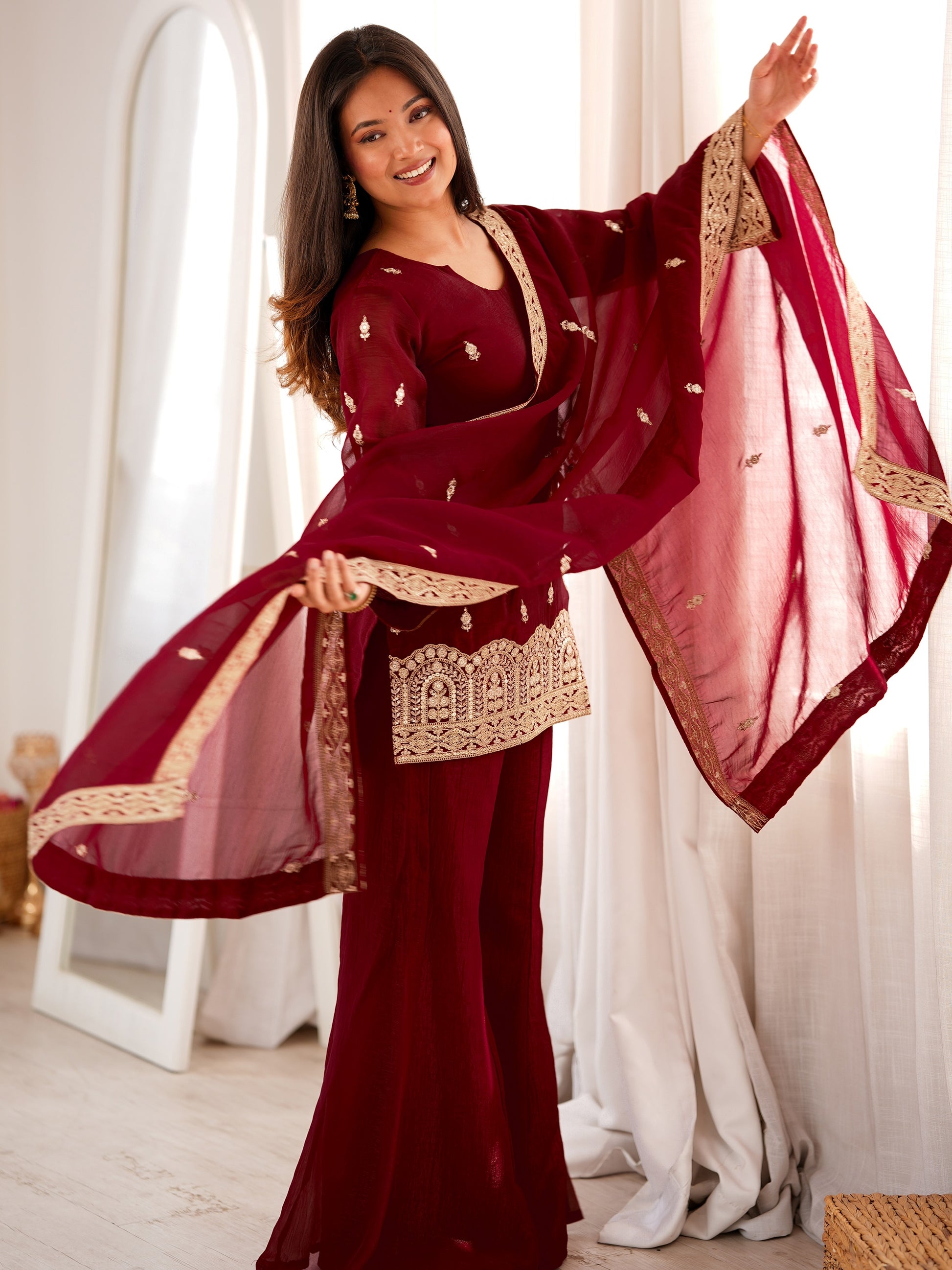 Stylish Maroon Embroidery Silk Festive Wear Palazzo Suit With Dupatta 
