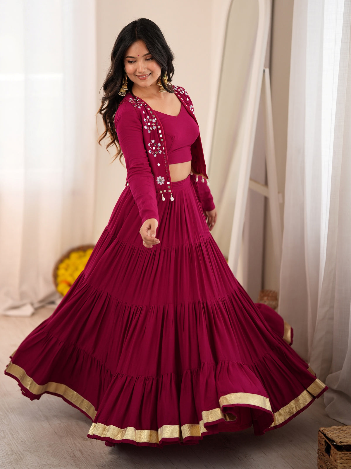 Radiant Rani Pink Mirror Work Rayon Navratri Wear Lehenga Choli