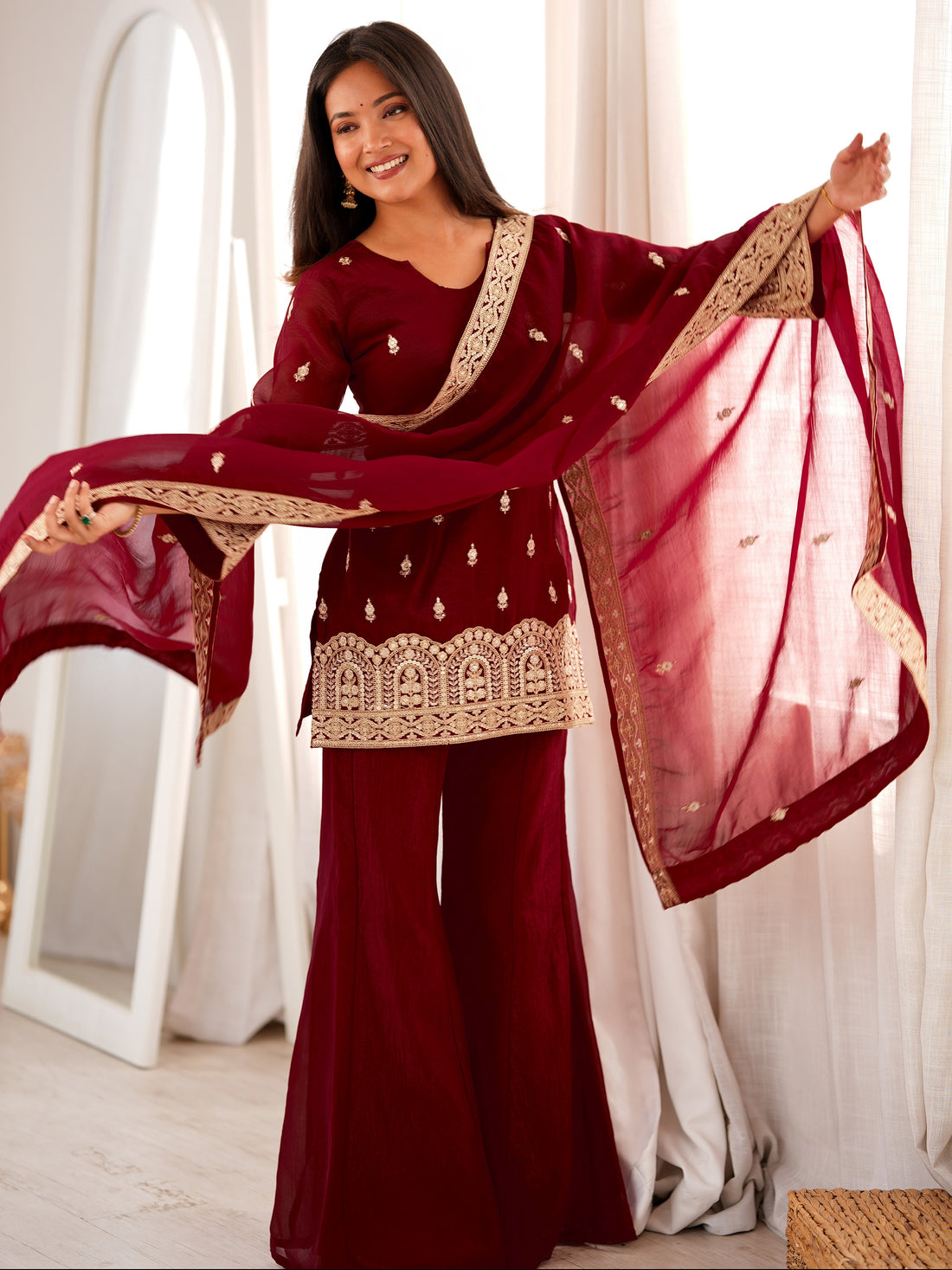 Stylish Maroon Embroidery Silk Festive Wear Palazzo Suit With Dupatta 
