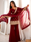 Stylish Maroon Embroidery Silk Festive Wear Palazzo Suit With Dupatta 