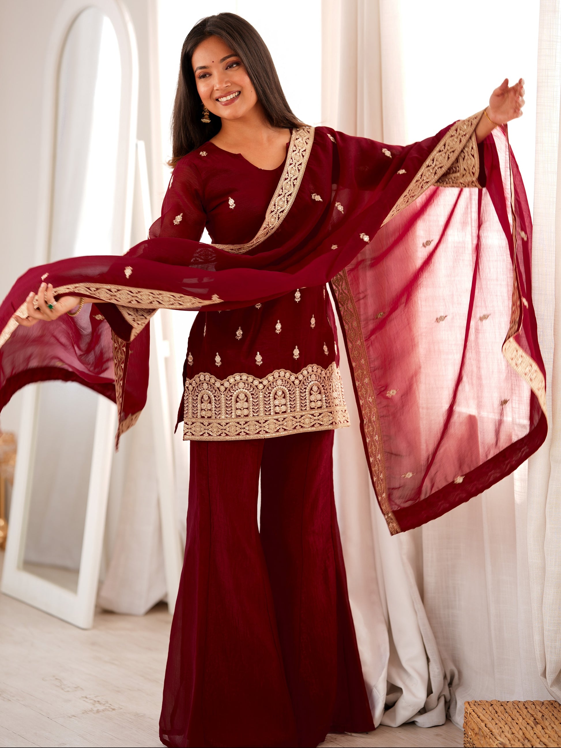 Stylish Maroon Embroidery Silk Festive Wear Palazzo Suit With Dupatta 