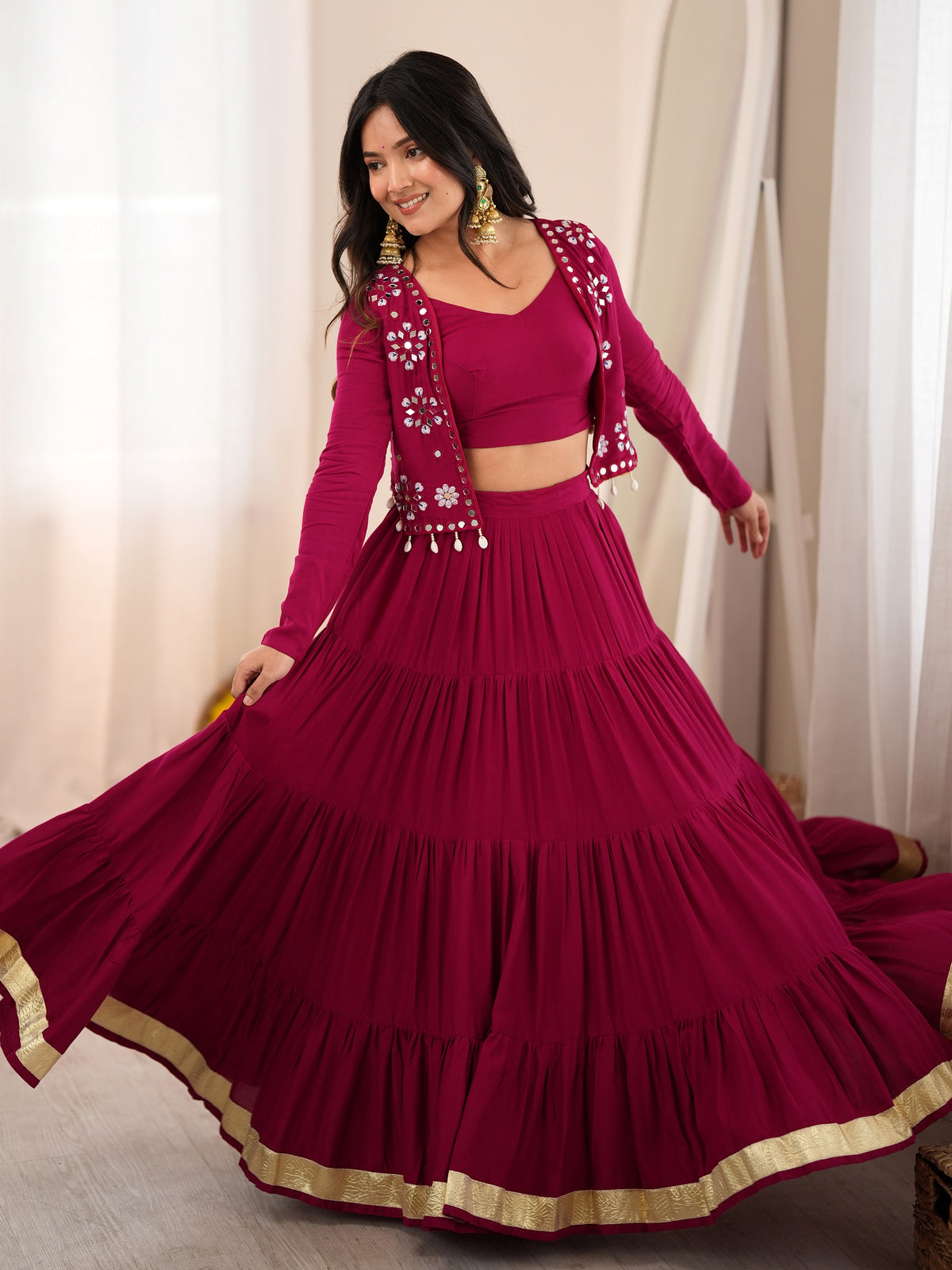 Radiant Rani Pink Mirror Work Rayon Navratri Wear Lehenga Choli
