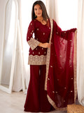 Stylish Maroon Embroidery Silk Festive Wear Palazzo Suit With Dupatta 