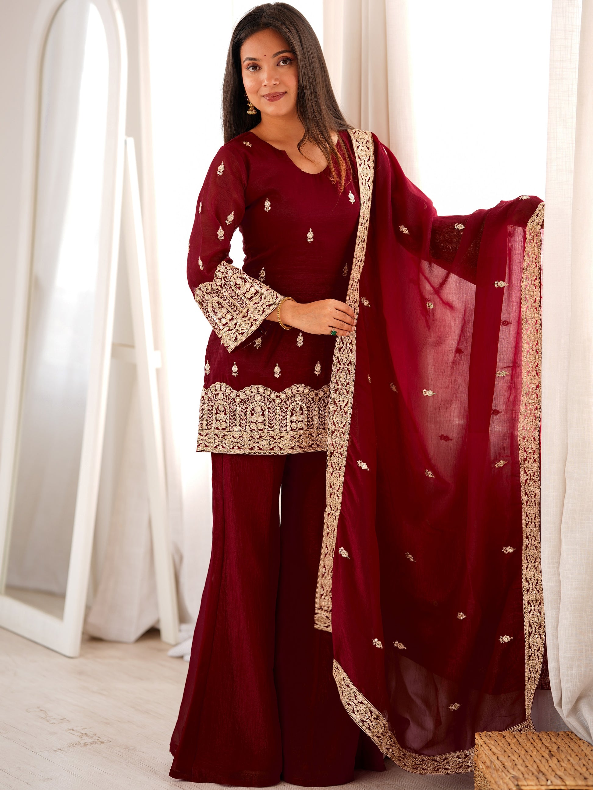Stylish Maroon Embroidery Silk Festive Wear Palazzo Suit With Dupatta 
