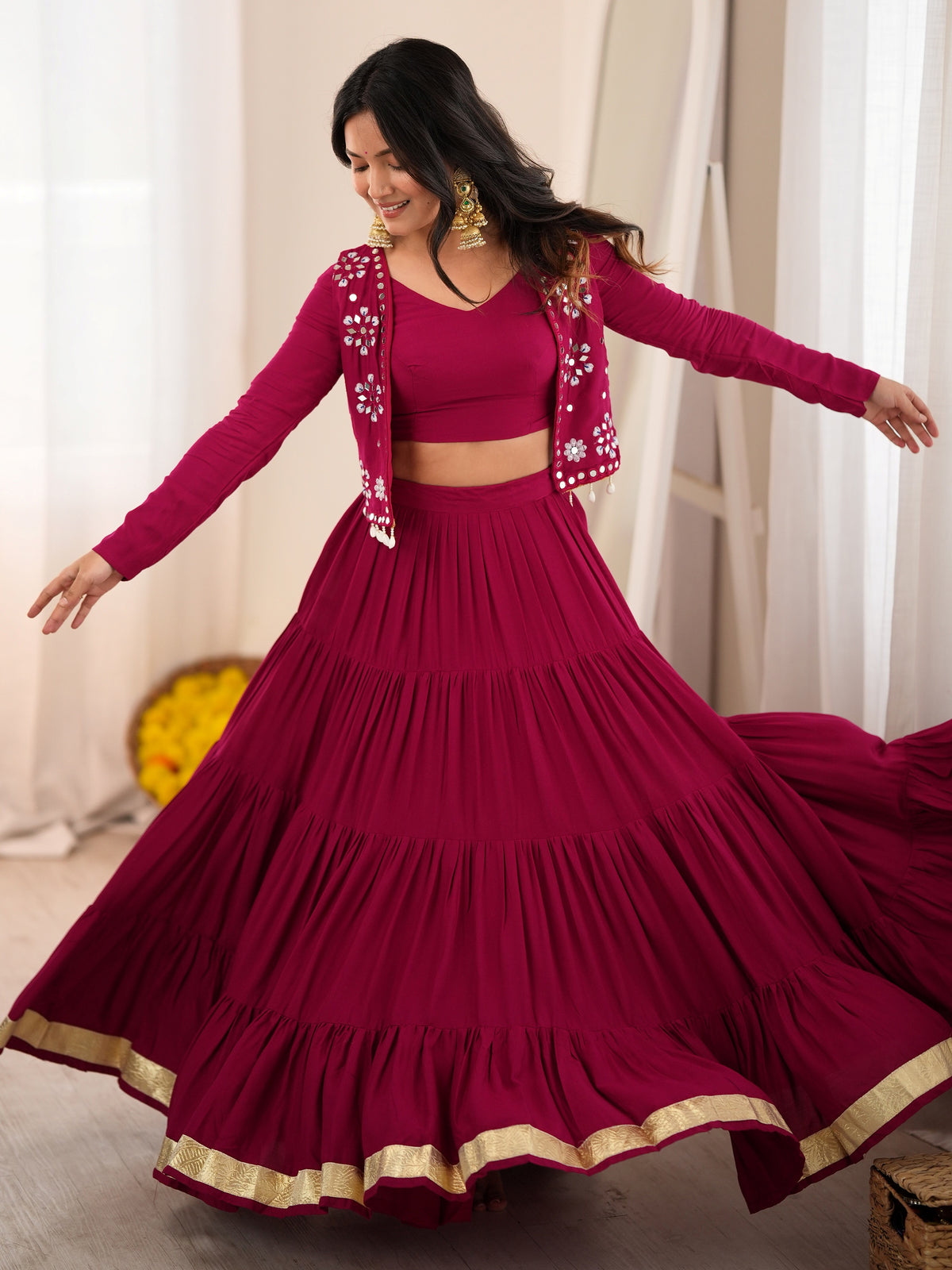 Radiant Rani Pink Mirror Work Rayon Navratri Wear Lehenga Choli