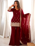 Stylish Maroon Embroidery Silk Festive Wear Palazzo Suit With Dupatta 