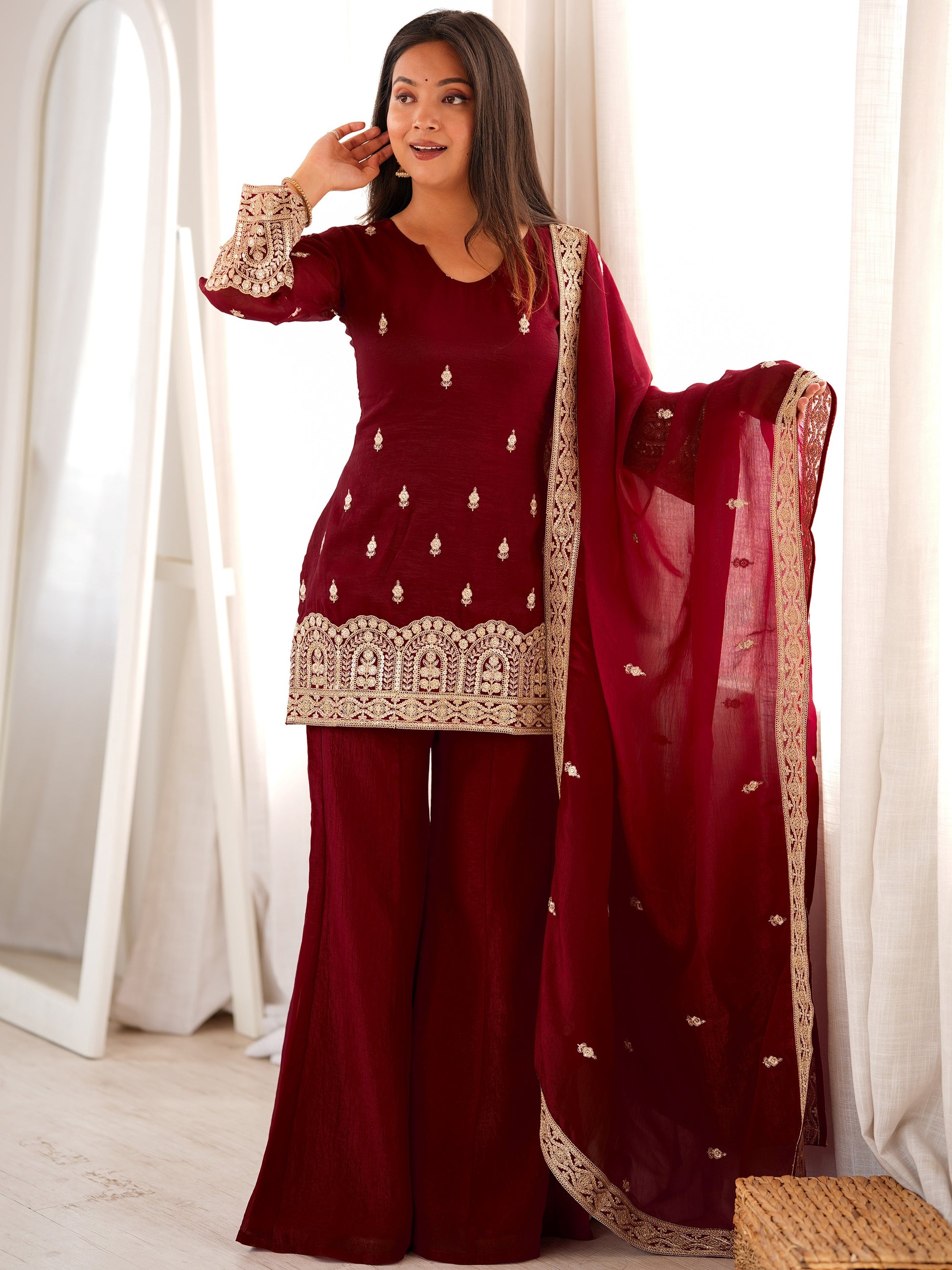 Stylish Maroon Embroidery Silk Festive Wear Palazzo Suit With Dupatta 