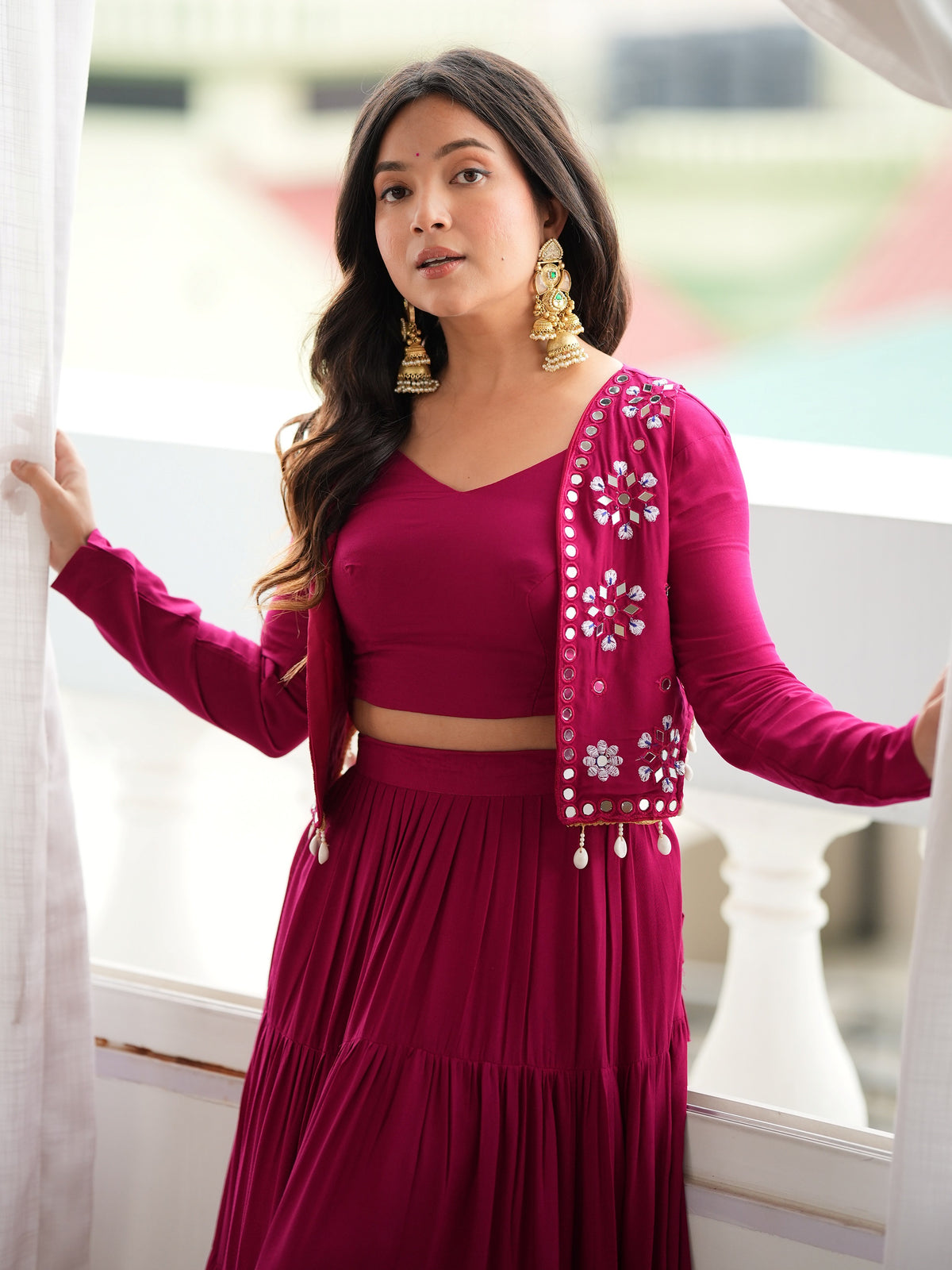Radiant Rani Pink Mirror Work Rayon Navratri Wear Lehenga Choli