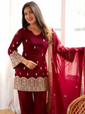 Stylish Maroon Embroidery Silk Festive Wear Palazzo Suit With Dupatta 