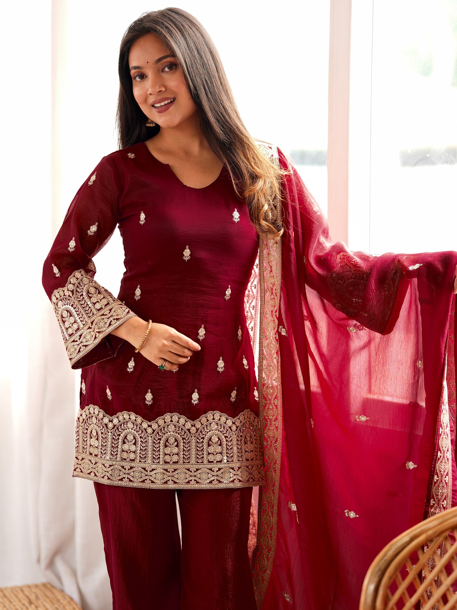 Stylish Maroon Embroidery Silk Festive Wear Palazzo Suit With Dupatta 