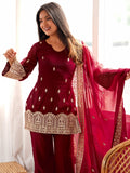 Stylish Maroon Embroidery Silk Festive Wear Palazzo Suit With Dupatta 
