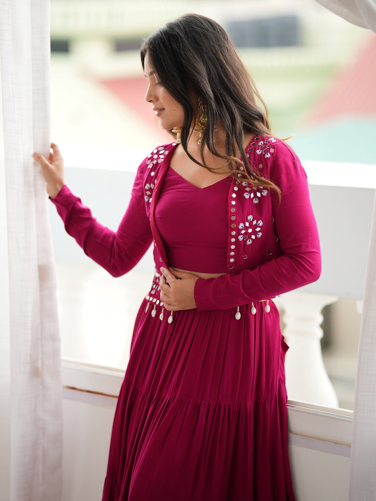 Radiant Rani Pink Mirror Work Rayon Navratri Wear Lehenga Choli