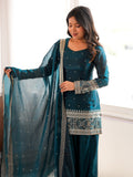 Elegant Teal Blue Embroidered Silk Festive Wear Salwar Suit