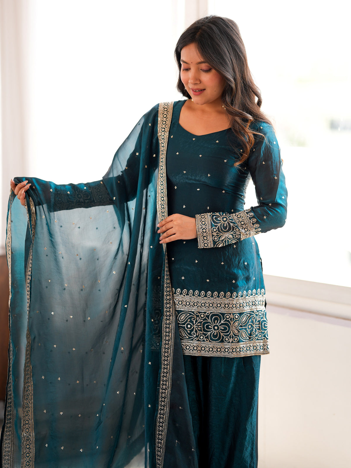 Elegant Teal Blue Embroidered Silk Festive Wear Salwar Suit
