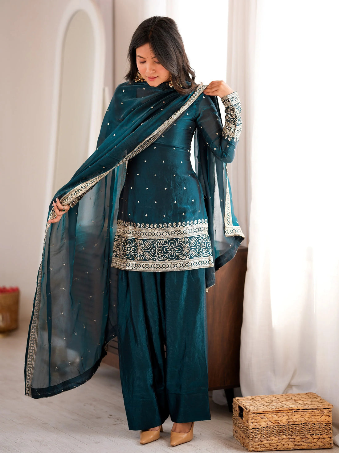 Elegant Teal Blue Embroidered Silk Festive Wear Salwar Suit