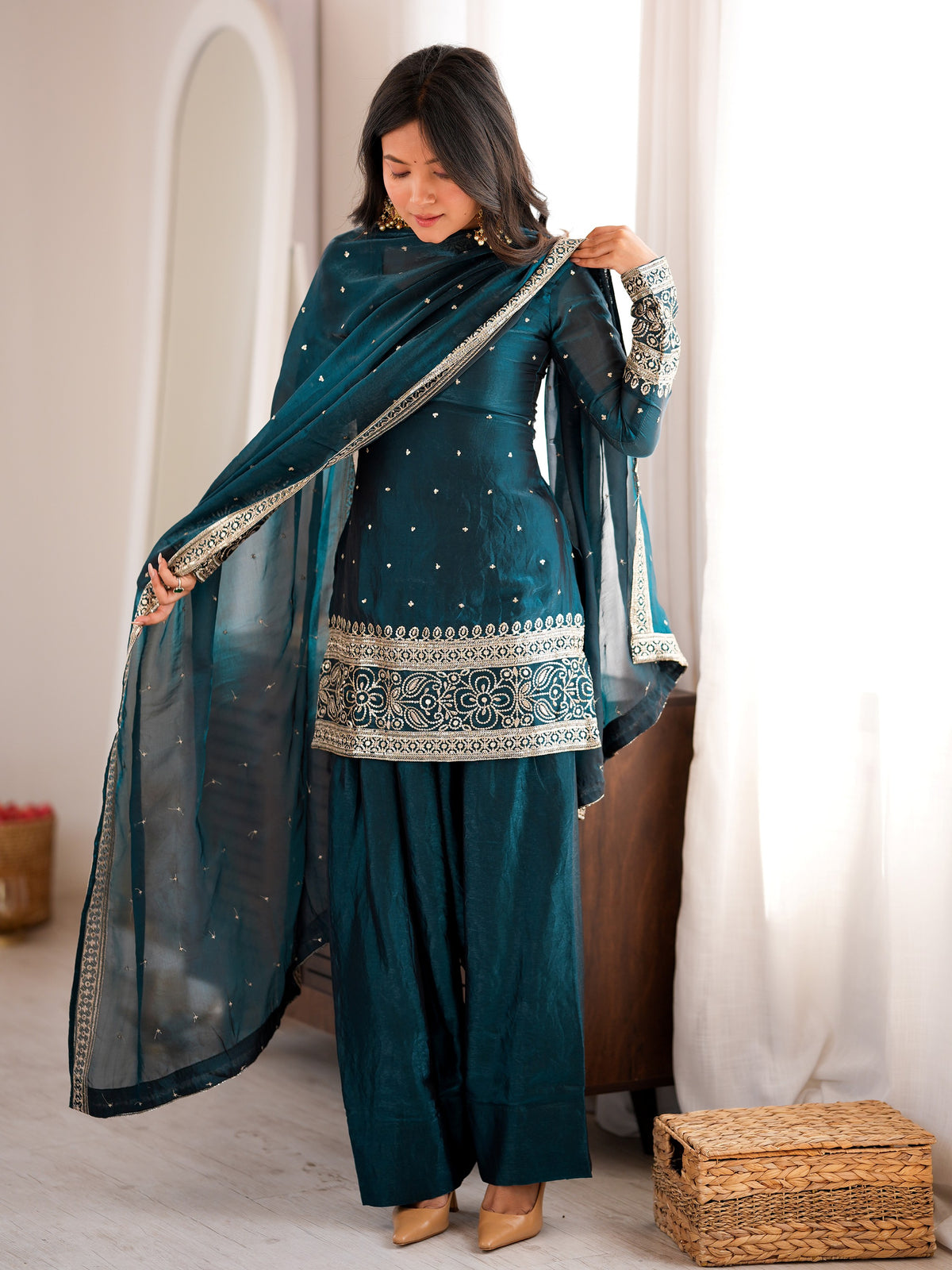 Elegant Teal Blue Embroidered Silk Festive Wear Salwar Suit