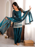 Elegant Teal Blue Embroidered Silk Festive Wear Salwar Suit