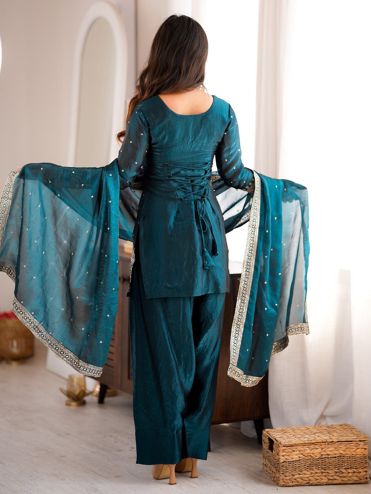 Elegant Teal Blue Embroidered Silk Festive Wear Salwar Suit