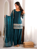 Elegant Teal Blue Embroidered Silk Festive Wear Salwar Suit