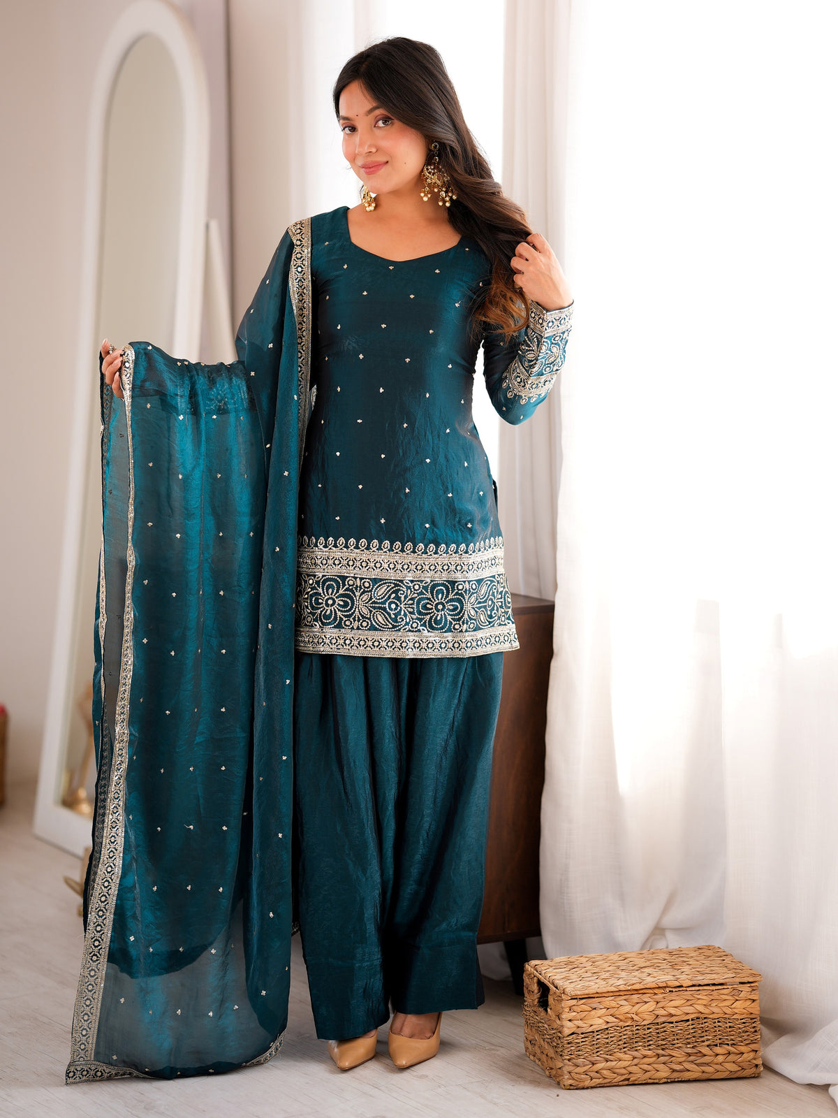Elegant Teal Blue Embroidered Silk Festive Wear Salwar Suit