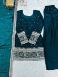 Elegant Teal Blue Embroidered Silk Festive Wear Salwar Suit