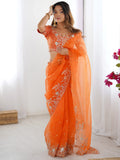 Enchanting Orange Sequins Organza Festive Wear Saree With Blouse