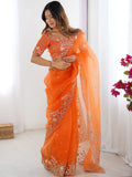 Enchanting Orange Sequins Organza Festive Wear Saree With Blouse