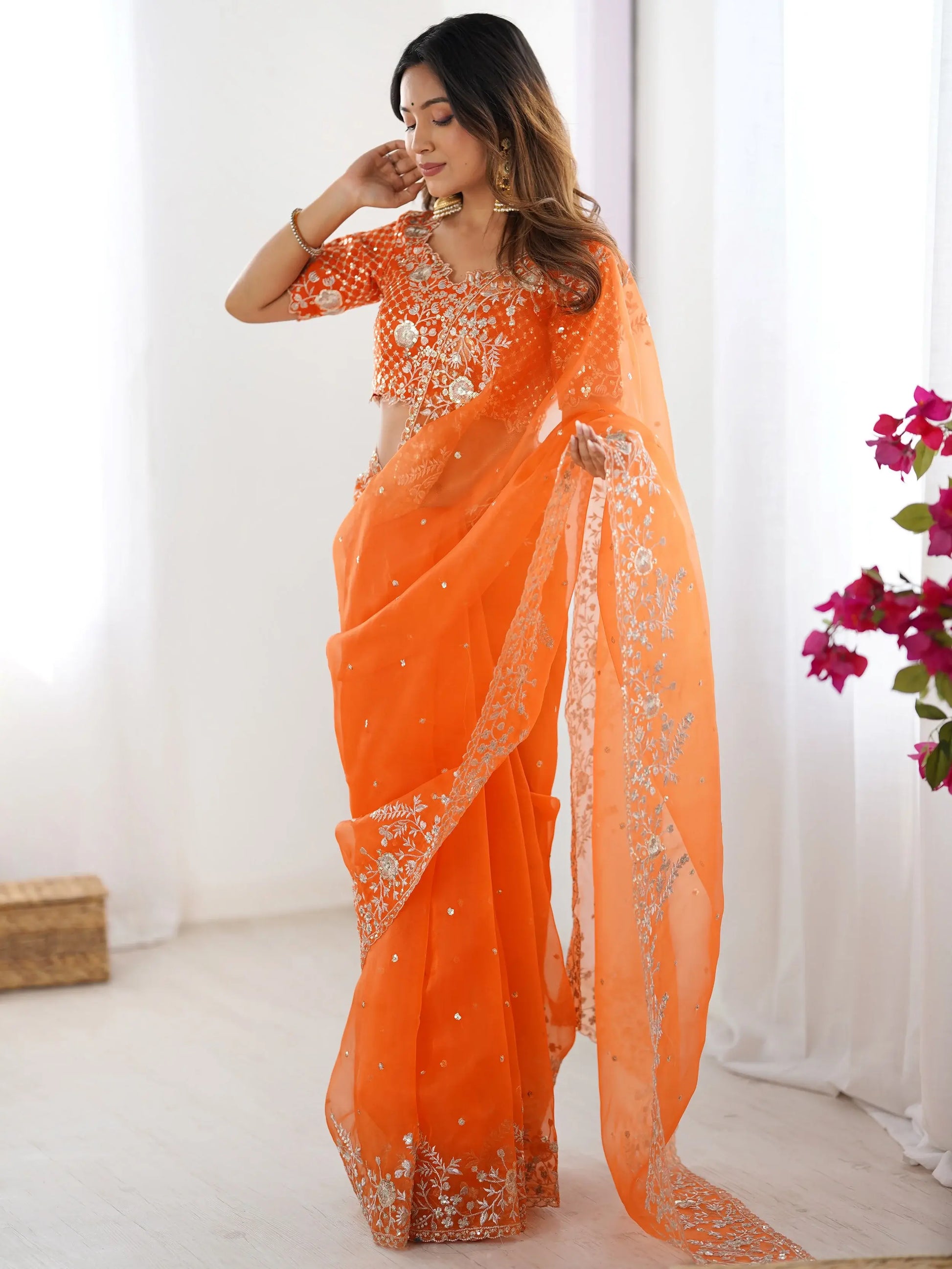 Enchanting Orange Sequins Organza Festive Wear Saree With Blouse