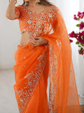 Enchanting Orange Sequins Organza Festive Wear Saree With Blouse