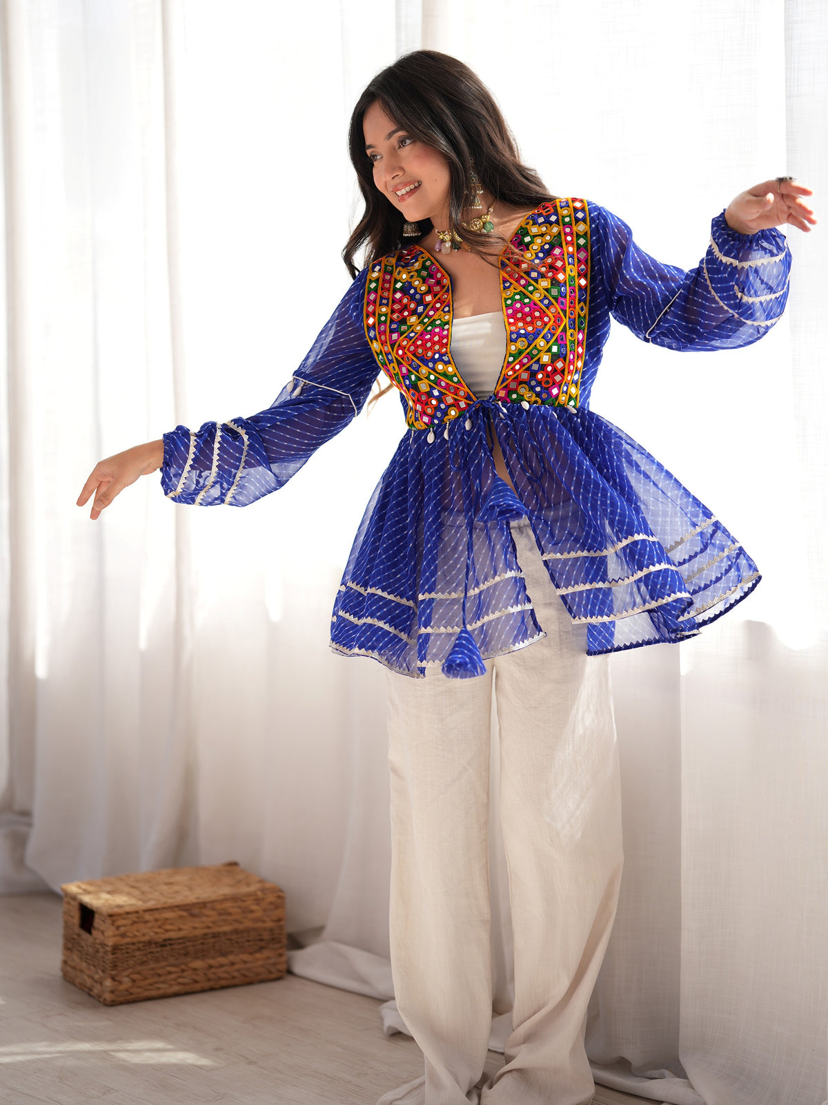 Majestic Blue Mirror Work Georgette Navratri Wear Kediya Style Top