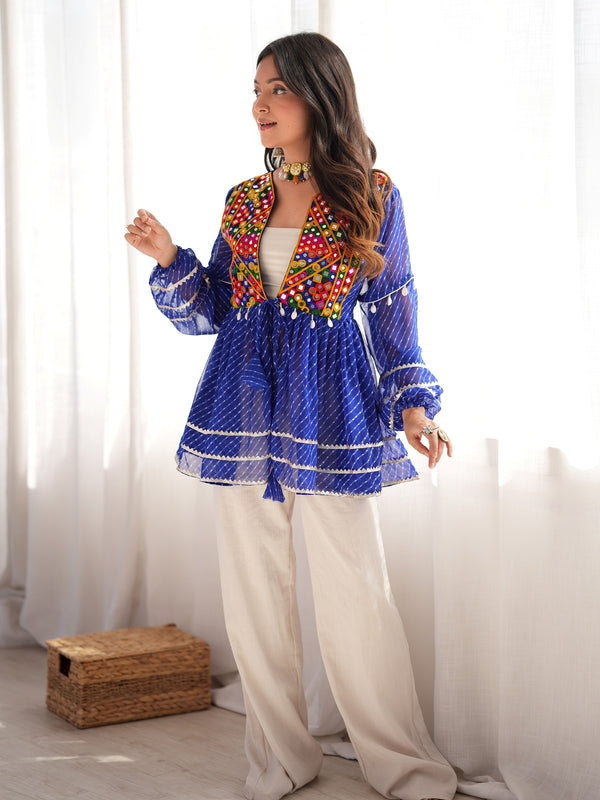 Majestic Blue Mirror Work Georgette Navratri Wear Kediya Style Top