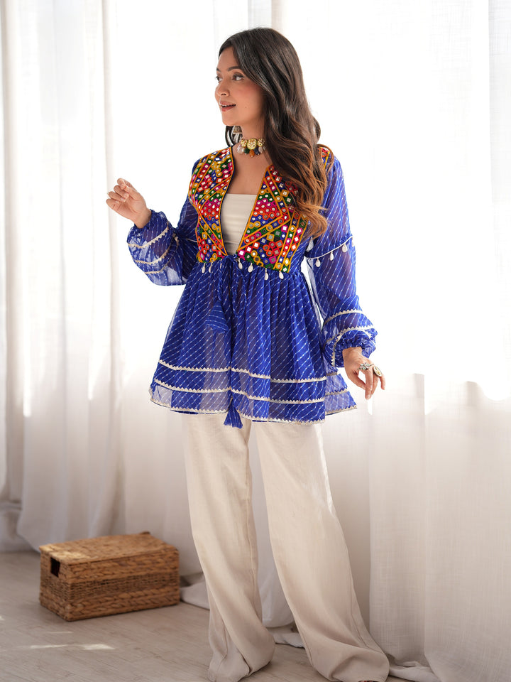 Majestic Blue Mirror Work Georgette Navratri Wear Kediya Style Top