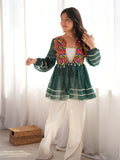 Sparkling Bottle Green Mirror Work Georgette Navratri Kediya Style Top