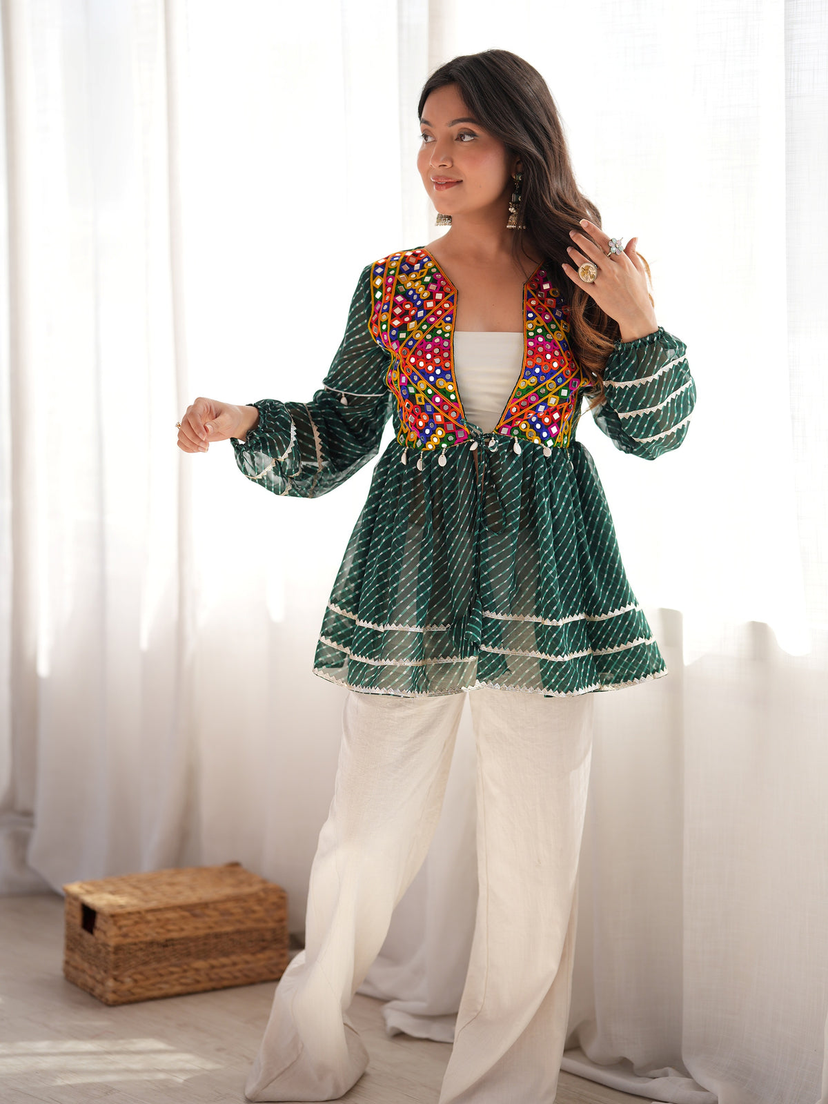 Sparkling Bottle Green Mirror Work Georgette Navratri Kediya Style Top