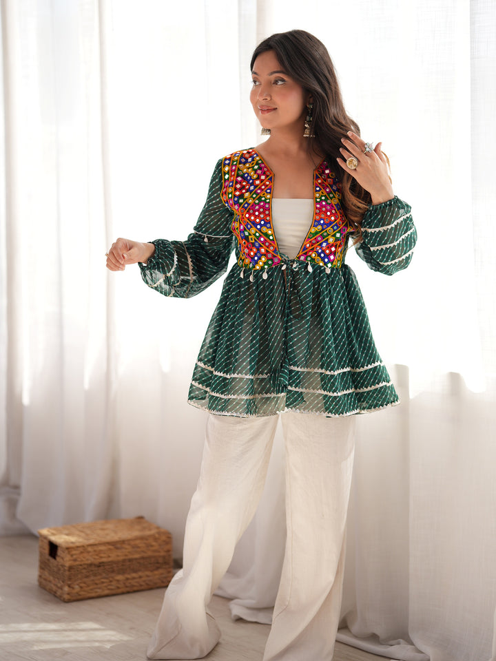 Sparkling Bottle Green Mirror Work Georgette Navratri Kediya Style Top