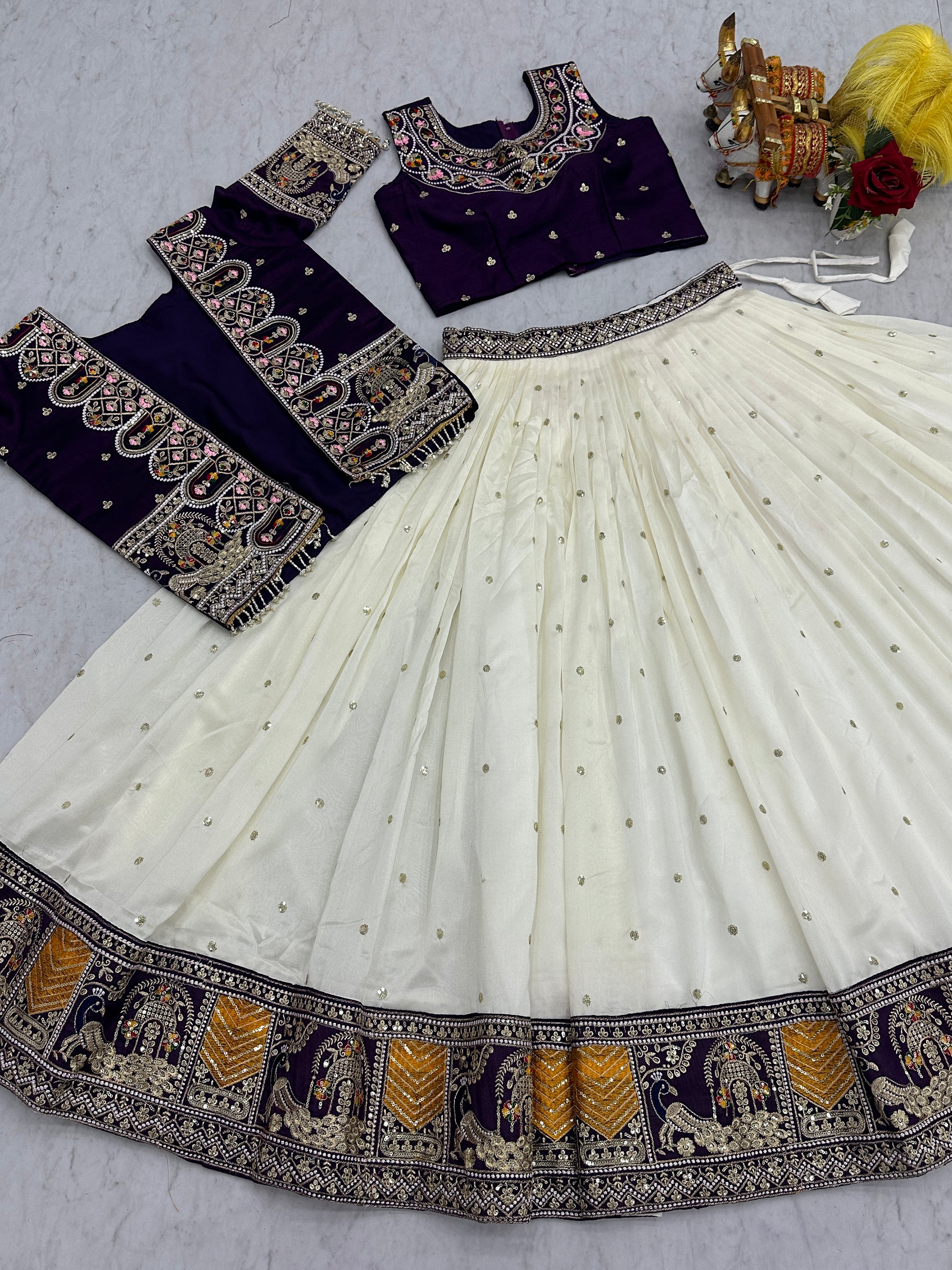 Rich Off-White Thread Embroidered Silk Wedding Lehenga Choli With Koti