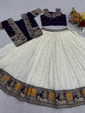 Rich Off-White Thread Embroidered Silk Wedding Lehenga Choli With Koti