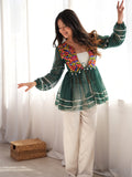 Sparkling Bottle Green Mirror Work Georgette Navratri Kediya Style Top
